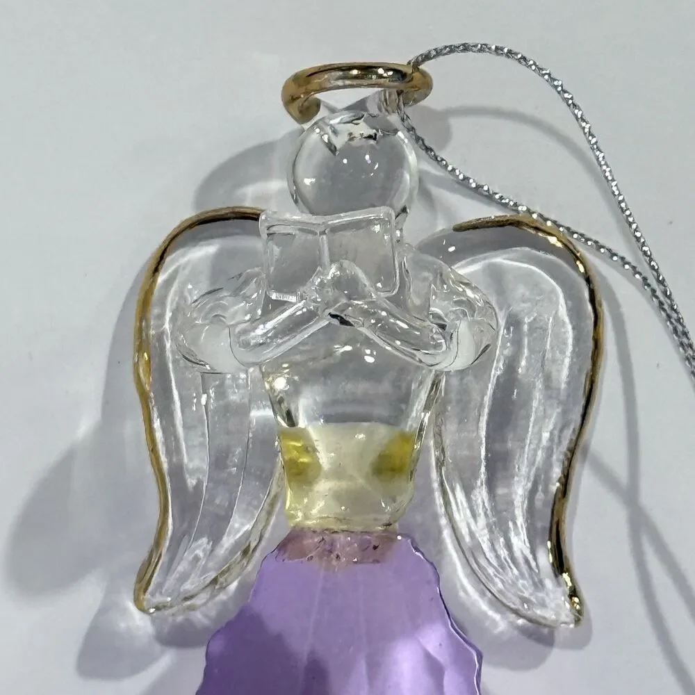 Glass Angel Ornament Purple Crystal Gold Trim Open Book Figurine Boxed
